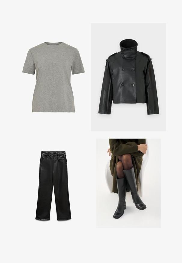 Must mustrakk, millel on kõrge krae, kahekordne disain, suured nupud ja õlavarre epauletid. Sile tekstuur, lühike pikkus.; Hall hallist puuvillast T-särk, millel on klassikaline ümarsärk, lühikesed varrukad ja sile tekstuur, sobib vabaajaks.; Mustad kunstnahast laiade säärtega püksid esitaskutega, vööaasadega ja õrnalt läikiva pinnaga. Sile tekstuur ja kohandatud sobivus.; Knee-high mustad nahast saapad nelinurkse varbaga ja plokilise kontsaga, esitatud mudeli kõrval, kes istub oliivirohelises mantlis. Sujuv tekstuur, minimaalne detailide arv.