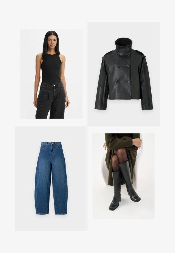 Giubbotto di pelle nera con colletto alto, design doppiopetto, grandi bottoni e spalline. Texture liscia, lunghezza cropped.; Top aderente nero a costine con scollatura alta, caratterizzato da spalline sottili. Il modello lo abbina a pantaloni in denim scuro a vita alta.; Jeans in denim con un lavaggio blu medio, caratterizzati da una vita alta, una gamba larga e un design a cinque tasche standard con dettagli di cucitura visibili.; Stivali neri in pelle alti fino al ginocchio con punta squadrata e tacco a blocco, mostrati con un modello seduto in un cappotto verde oliva. Texture liscia, dettagli minimi.