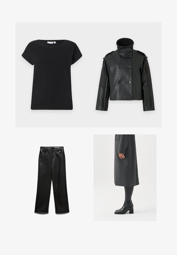Jaqueta de couro preta com gola alta, design de duplo botão, botões grandes e epaulettes nos ombros. Textura lisa, comprimento cropped.; T-shirt de algodão preto com decote redondo, mangas curtas enroladas e um corte descontraído. Apresenta uma textura suave e um design minimalista.; Calças largas de imitação de couro preto com bolsos frontais, passantes para cinto e brilho subtil. Textura suave e ajuste personalizado.; Casaco cinza, ajustado, com corte reto; combinado com botas de couro pretas até ao joelho, com biqueira quadrada e salto grosso.