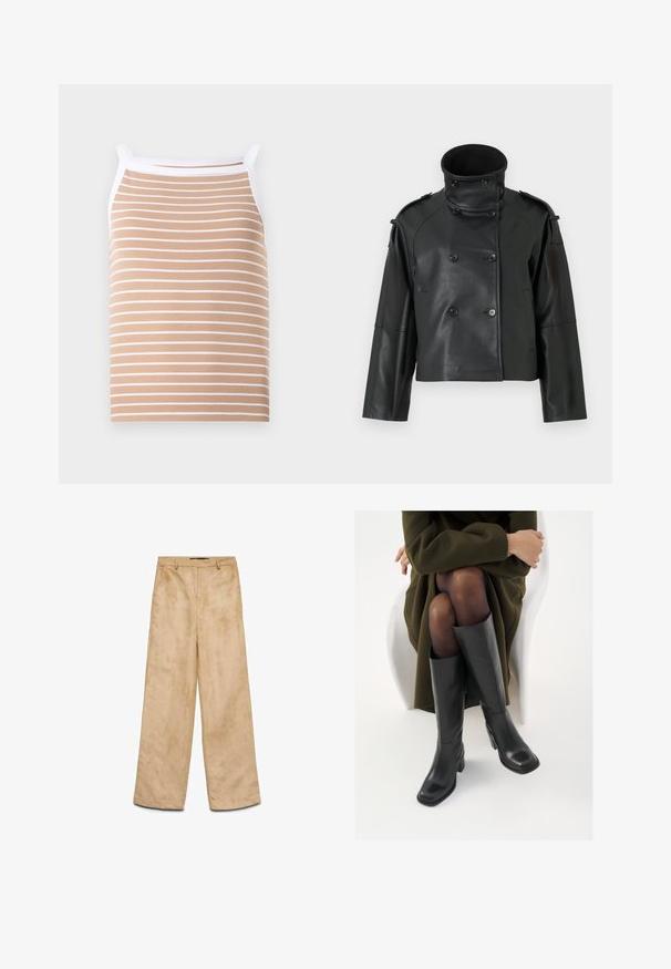 Črna usnjena jakna z visokim ovratnikom, z dvojnim zapenjanjem, velikimi gumbi in ramenskimi epauletami. Gladko usnje, krajša dolžina.; Bež majica na bretele s tankim belim horizontalnim prugama, izrađena od rebraste tkanine. Ima uske naramenice i beli obrub oko izreza.; Bežsuede široke hlače z gladko teksturo, ki imajo sprednji gumb, zanke za pas in dva stranska žepa.; Črne usnjene čevlje do kolen s kvadratnim prstom in blok peto, prikazani na modelu, ki sedi v olivno zeleni plašču. Gladka tekstura, minimalne podrobnosti.