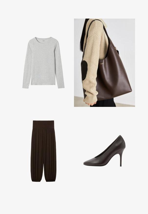 Schwarze Lederjacke mit hohem Kragen, doppelter Knopfleiste, großen Knöpfen und Schulterklappen. Glatte Textur, cropped Länge.; Graues Langarmhemd aus leichtem Baumwollmix mit Rundhalsausschnitt und schlichter Textur ohne Muster oder Akzente.; Schwarze Hemd mit Knopfleiste, braun-, weiß- und grau-kariertem Muster, langen Ärmeln, Kragen und einer Fronttasche mit diagonalen Karomuster.; Braune plissierte Hose mit einem breiten, elastischen Bund. Der Stoff ist leicht und strukturiert und hat an den Säumen Gatherings.; Schwarzer Leder-Pumps mit spitz zulaufender Zehenpartie und schlankem Stilettospitz, auf der Seite gezeigt.; Braune Leder-Umhängetasche mit geräumigem Design. Verfügt über eine glatte Textur und ein dezentes Goldenes Logo. Kombiniert mit einem cremefarbenen Strickpullover.