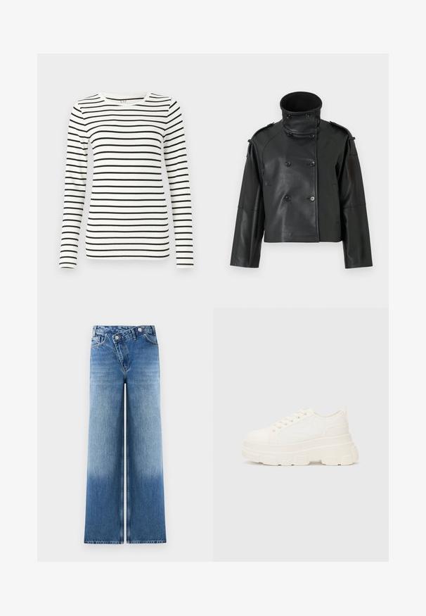 Black leather jacket with a high collar, double-breasted design, large buttons, and shoulder epaulettes. Smooth texture, cropped length.; Long-sleeve striped top featuring horizontal black and white stripes, a round neckline, and a smooth cotton fabric texture.; Light blue wide-leg jeans with a faded wash, featuring a classic five-pocket design and metal button accents at the waist.; White canvas sneaker with a chunky sole, rounded toe, and five eyelets for laces. Back tab for easy wear. Smooth texture, minimalist design.