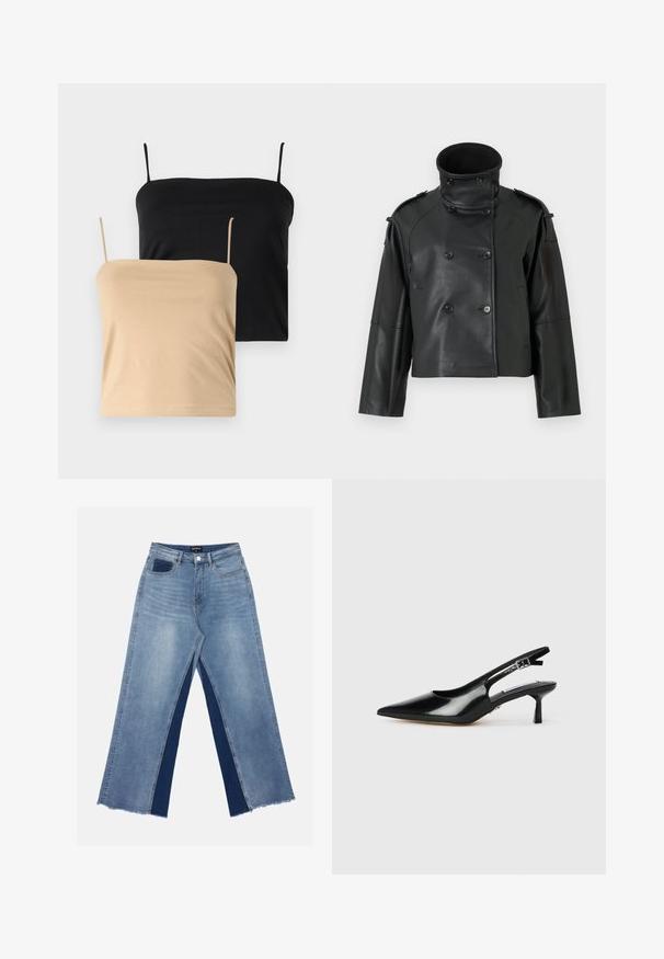 Fekete bőr dzseki magas gallérral, dupla előlappal, nagy gombokkal és vállpántokkal. Simává textúra, rövidített hossz.; Két spagetti pántos top, az egyik fekete, a másik bézs színű. Puha, rugalmas anyagból készült, vékony pántokkal és illeszkedő fazonnal.; Világoskék, bőszárú farmernadrág, kontrasztos sötétkék panelekkel, szálkás szegélyekkel, valamint normál derekú, fém gombos záródással.; Fekete patent bőrből készült slingback magassarkú cipők hegyes orral, vékony sarokkal és állítható csattal. Simább textúrájú, minimális részletezéssel.