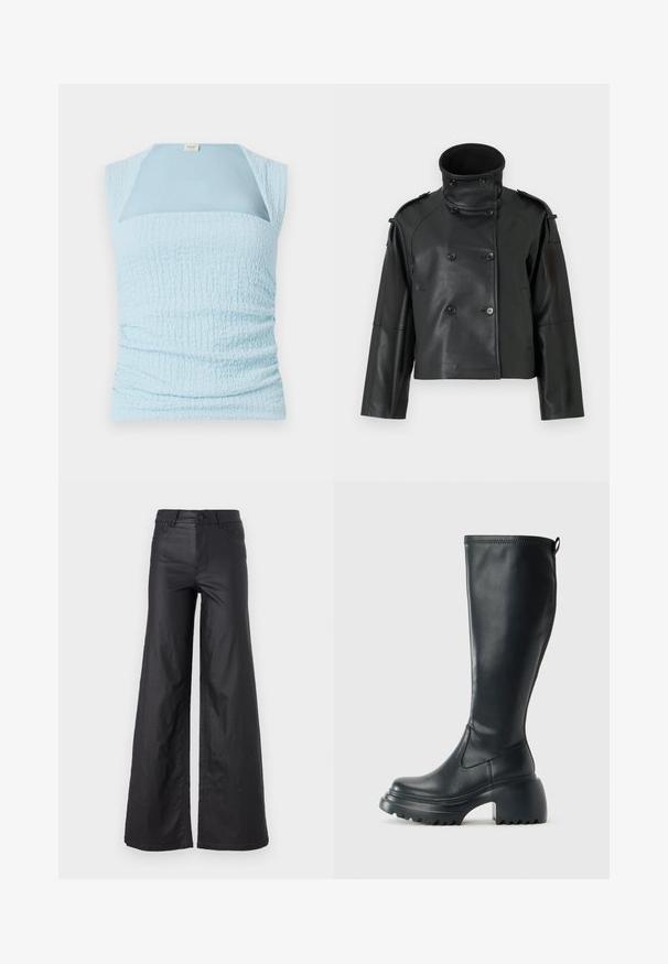 Veste en cuir noir avec un col haut, design croisé, grands boutons et épaulettes. Texture lisse, longueur courte.; Haut sans manches bleu clair avec un design texturé froncé et un panneau lisse contrastant au niveau du col.; Pantalons larges noirs en simili cuir. Dotés d'une taille haute, de passants de ceinture, de deux poches avant et de détails cousus.; Botte en cuir noir haute avec semelle plateforme épaisse et talon carré, dotée d'une languette et d'un motif texturé sur la semelle extérieure.