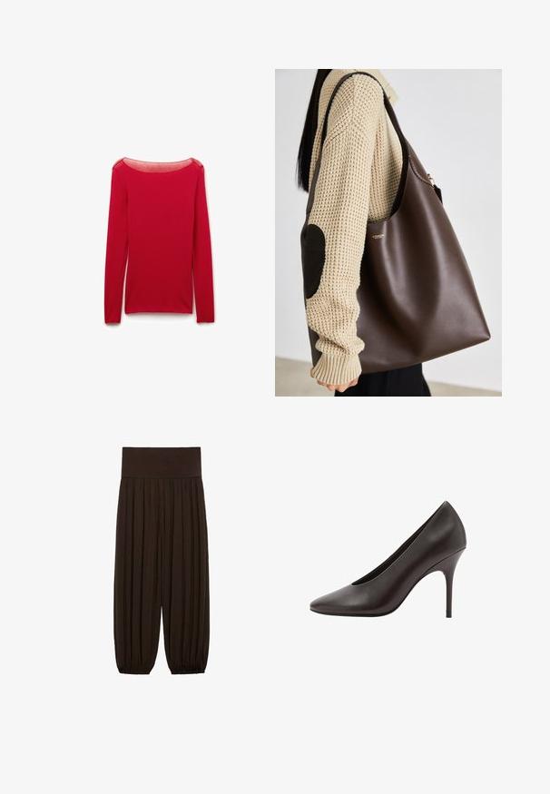 Zwarte leren jas met een hoge kraag, dubbelgebreid ontwerp, grote knopen en schouderepauletten. Glad textuur, cropped lengte.; Rode shirt met lange mouwen van zachte, lichte stof met een brede, boothals en een aansluitende pasvorm, met minimale stikseldetails.; Zwarte overhemd met knopen en een bruin, wit en grijs ruitpatroon, lange mouwen, kraag en een borstzak met een diagonaal ruitontwerp.; Bruine geplooide broek met een brede, elastische tailleband. De stof is lichtgewicht en gestructureerd, met gatherse randen bij de boorden.; Zwarte leren pumps met spitse neus en hoge hak, met een slanke stilettohak en een gladde afwerking, zijaanzicht.; Bruine leren tote bag met een ruime indeling. Kenmerkt zich door een gladde textuur en een subtiele gouden logo. Gekoeld met een crèmekleurige gebreide trui.