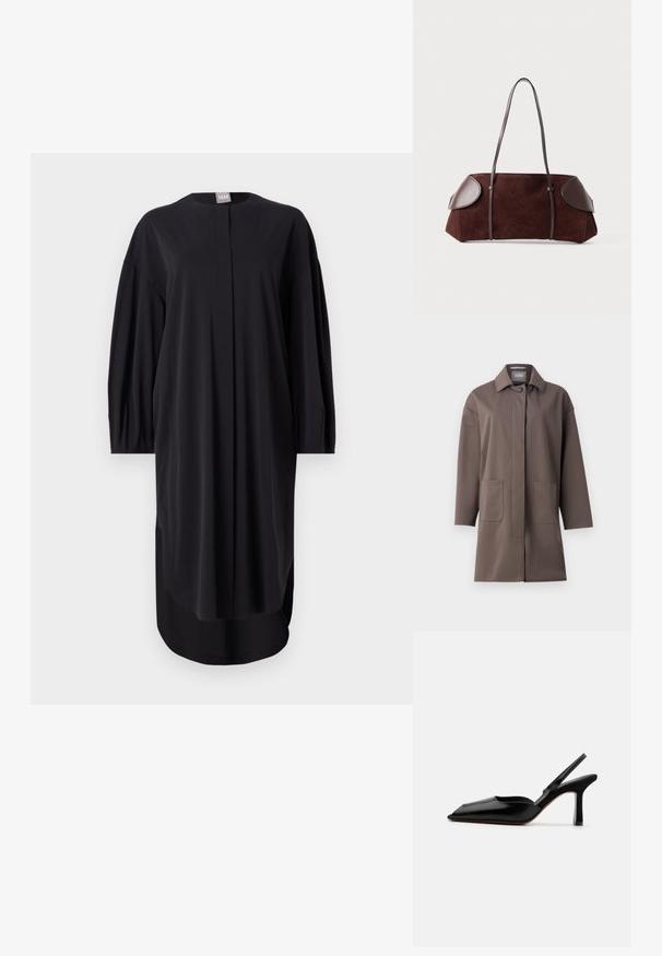 Brązowy, średniej długości płaszcz z klasycznym kołnierzem, z zapięciem na guziki i dwiema przednimi kieszeniami. Wykonany z gładkiego, strukturalnego materiału z dopasowanym krojem.; Czarna sukienka uszyta z gładkiego materiału, z okrągłym dekoltem, długimi rękawami i bocznymi rozcięciami. Luźny krój z minimalnymi detalami projektowymi.; Czarne skórzane czółenka typu slingback z wąskim noskiem, minimalistyczny design, cienki pasek wokół kostki i elegancka szpilka. Gładka tekstura.; Brązowa torba z zamszu z skórzanymi akcentami, o ustrukturalizowanym kształcie, z podwójnymi ramiączkami i zaokrąglonymi krawędziami, charakteryzująca się gładką fakturą i minimalną ilością elementów metalowych.