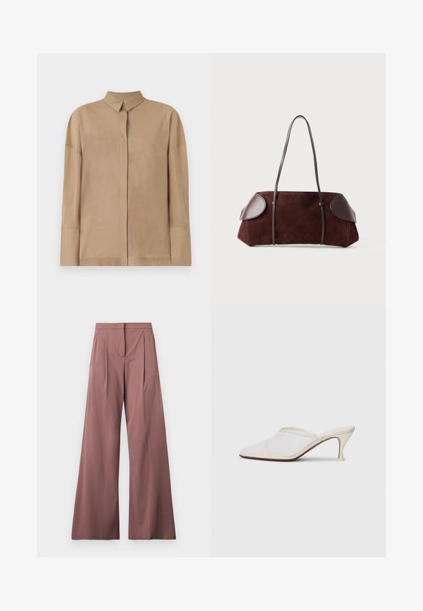 Bruine, middellange jas met een klassieke kraag, knoopsluiting en twee voorkruisen. Gemaakt van gladde, gestructureerde stof met een taillerende pasvorm.; Beige langemouwen shirt van lichtgewicht stof met een klassieke kraag, verborgen knoopsluiting en subtiele stikdetails op de mouwen.; Brede broekspijpen in een gedempte rozenkleur, gemaakt van een soepele stof met voorplooien en een enkele zijzak. Eenvoudig, elegant ontwerp.; Witte mesh puntige muiltjes met een slanke hak van middelgrote hoogte en een slip-on ontwerp, tegen een effen achtergrond.; Bruine suède tas met leren accenten, gestructureerde vorm, dubbele schouderbanden en ronde randen, met een gladde textuur en minimale hardware.