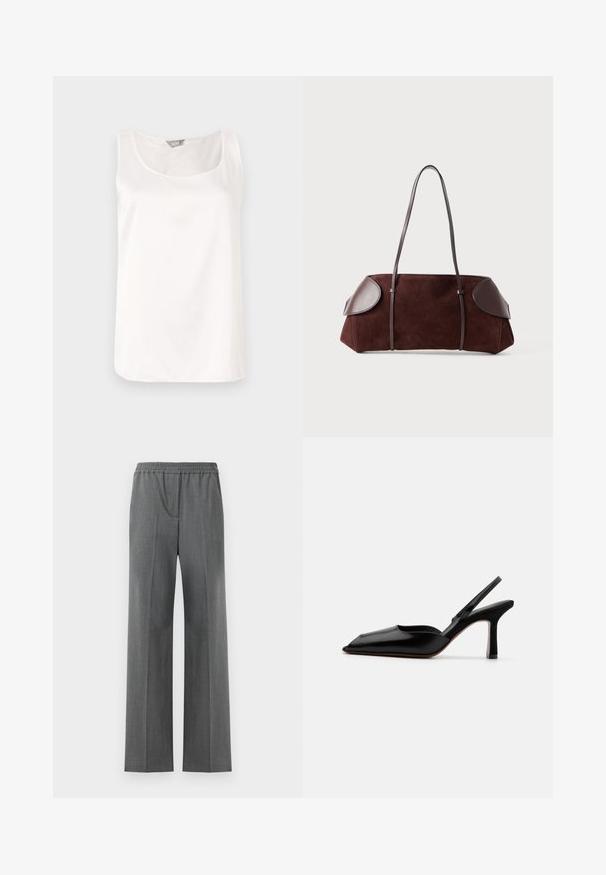 Pruun, keskmise pikkusega jakk klassikalise krae, nööbiklapi ja kahe esipocketiga. Valmistatud siledast, struktureeritud kangast, millel on kohandatud sobivus.; Valge ilma varrukateta pluus ümarate kaelustega, valmistatud siledast, läikivast kangast; lihtne disain ilma mustrite või kaunistusteta.; Hallid hallad püksid laia jalaga, elastse vöökoha ja tekstuuriga riidest, millel on peen kudumismuster.; Must musta slingback-kand käptelastega, terava varvaga, minimalismi disainiga, õhuke pahkluu rihm ja sujuv stiletto-kõrgus. Sile tekstuur.; Pruun suede kott nahkakattega, struktureeritud kuju, kahe õlapaelaga ja ümarate servadega, millel on sile tekstuur ja minimaalne riistvara.