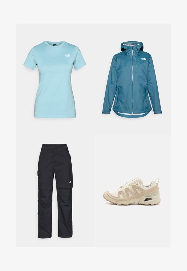 Vodoodolná tyrkysová bunda s kapucňou, plným zipsom, nastaviteľnými šnúrkami a dvomi bočnými vreckami. Na hrudi sa nachádza logo The North Face.; Svetlo modré bavlnené tričko s krátkymi rukávmi a okrúhlym výstrihom; má malé biele logo na hornej ľavej časti hrude.; Čierne nylonové cargo nohavice s odnímateľnými nohavicami, nastaviteľnými manžetami, viacerými vreckami a logom na pravej nohe. Hladká, ľahká textúra.; Beige a krémová športová obuv s textúrovaným sieťovým zvrškom, podporujúcimi prekrytiami a gumovou podrážkou s dezénom pre trakciu.