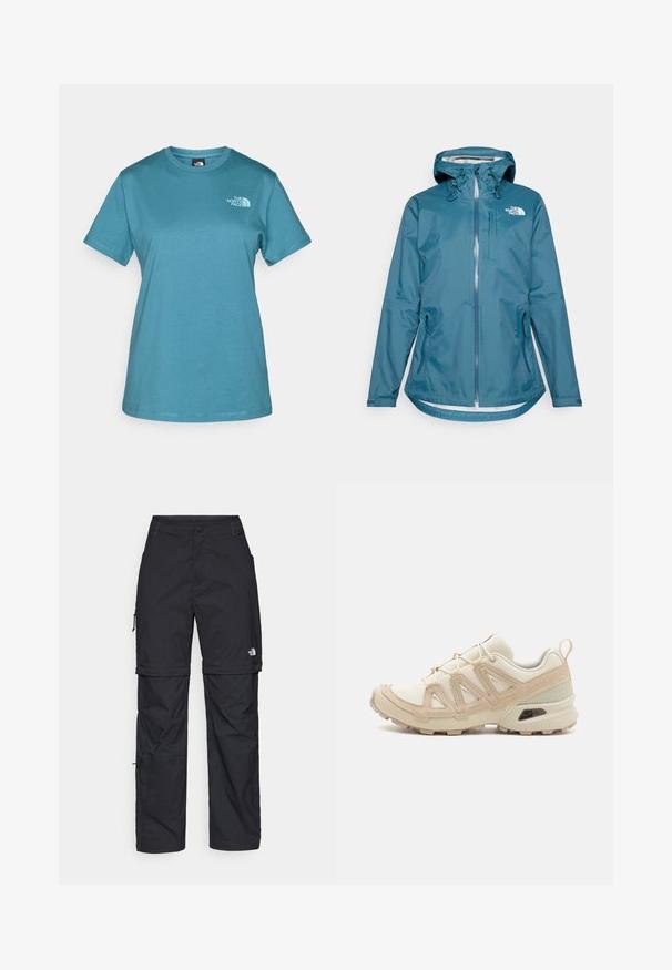 Vandafvisende teal jakke med hætte, fuld lynlås, justerbare snore og to sidelommer. Har The North Face-logoet på brystet.; Teal kortærmet t-shirt lavet af bomuld, med rund halsudskæring og et lille logo trykt i hvidt på venstre bryst.; Sorte nylon cargo bukser med lynlås, justerbare manchetter, flere lommer og et logo på højre ben. Glat, let tekstur.; Beige og creme atletiksko med struktureret mesh-overdel, støttende overlays og gummiyderside med et mønster for trækkraft.