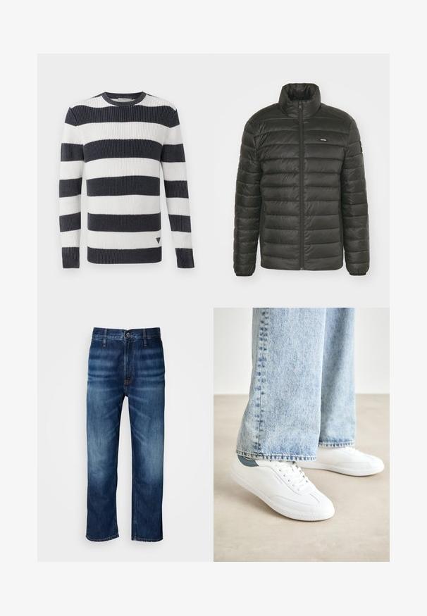 Μαύρο τζάκετ puffer με ψηλό γιακά, φερμουάρ μπροστά και ραμμένο σχέδιο πάνελ. Διαθέτει ελαστικές μανσέτες και διακριτικό λογότυπο στο στήθος.; Πλεκτό πουλόβερ με ναυτικές και λευκές οριζόντιες ρίγες. Διαθέτει στρογγυλή λαιμόκοψη, ριμπ μανσέτες και ένα μικρό τριγωνικό λογότυπο στο στρίφωμα.; Σκούρες μπλε τζιν παντελόνες με ίσια γραμμή και διακριτική φθορά στα μηριά, με κουμπί στο λάστιχο της μέσης, εκτεθειμένες σε λευκό φόντο.; Λευκά αθλητικά παπούτσια με λείο υλικό, σχέδιο με κορδόνια, υφή από καουτσούκ στη σόλα και teal λεπτομέρεια στην φτέρνα, συνδυασμένα με ανοιχτό μπλε τζιν.