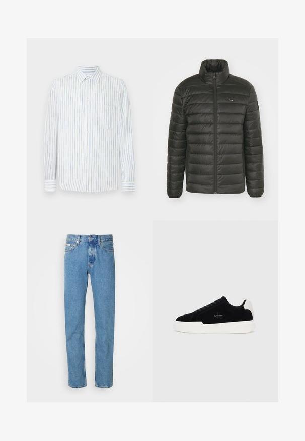 Black puffer jacket with a high collar, zippered front, and stitched panel design. Features elastic cuffs and a discreet logo on the chest.; White shirt with blue vertical stripes, button-up design, long sleeves, single chest pocket, and a light, textured fabric.; Light blue denim jeans with a straight-leg cut, featuring a classic five-pocket design and a button closure at the waist. No notable patterns.; Black low-top sneaker with white sole and heel tab, lace-up front, and Calvin Klein logo on side.
