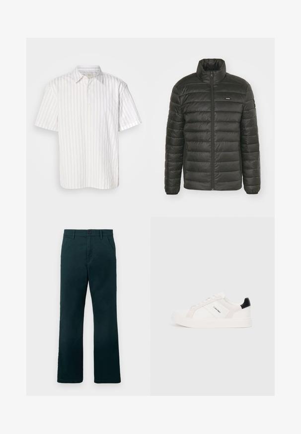 Casaco puffer preto com gola alta, fecho éclair à frente e design em painéis cosidos. Apresenta punhos elásticos e um logótipo discreto no peito.; Camisa de mangas curtas em branco com riscas verticais finas na cor bege, com fecho de botões e um colarinho clássico. O tecido parece suave e leve.; Calças retas de cor verde-escuro com passantes para cinto, bolsos laterais e fecho de botão sobre um fundo branco liso.; Sapatilhas brancas com detalhes em rosa claro e preto, apresentando painéis de couro liso e camurça, biqueira redonda e sola de borracha plana.