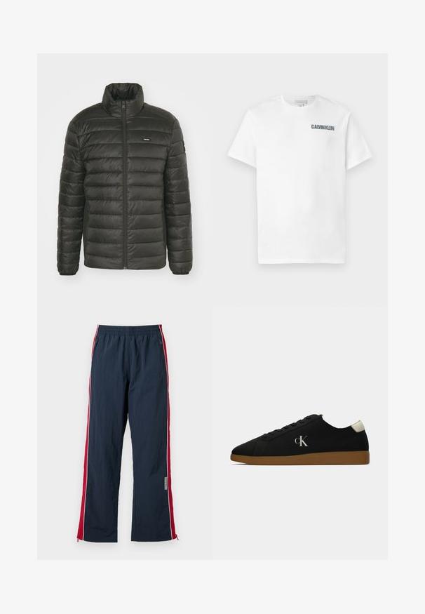 Crna puffer jakna s visokim ovratnikom, patentnim zatvaračem sprijeda i dizajnom sa šivenim panelima. Ima elastične manšete i diskretan logo na prsima.; Bela pamučna majica s okruglim izrezom i kratkim rukavima. Sadrži logo "CALVIN KLEIN" u tamnosivoj boji na lijevoj strani prsnog dijela. Glatka tekstura.; Mornarice sportske hlače s elastičnom strukom i crvenim bočnim prugama. Imaju bijelu oblogu i patent-zatvarače na gležnjevima za prilagodbu. Lagani materijal.; Crne platnene tenisice s gumiranim potplatom, sadrže srebrni "cK" logo sa strane i bijeli detalj na peti. Niski dizajn.