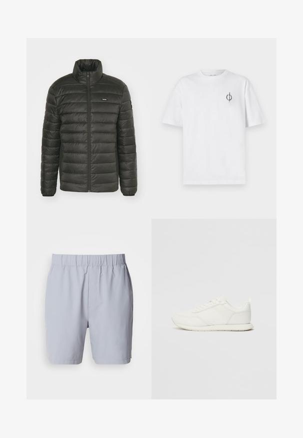 Čierna puffa bunda s vysokým golierom, zipsovým zapínaním a prešitým dizajnom panelov. Obsahuje elastické manžety a diskrétne logo na hrudi.; Biela bavlnená tričko s voľným strihom, s malým čiernym grafickým logom na ľavej strane hrudníka. Krátke rukávy, okrúhly výstrih.; Svetlošedé plavky s elastickým pásom, dvoma bočnými vreckami a hladkým, ľahkým materálom. Žiadne viditeľné vzory ani ozdoby.; Biele tenisky s sieťovaným a syntetickým zvrškom, okrúly špička, ploché šnúrky a štruktúrovaný pruh na boku. Gumová podrážka s pútkom na zadnej strane.