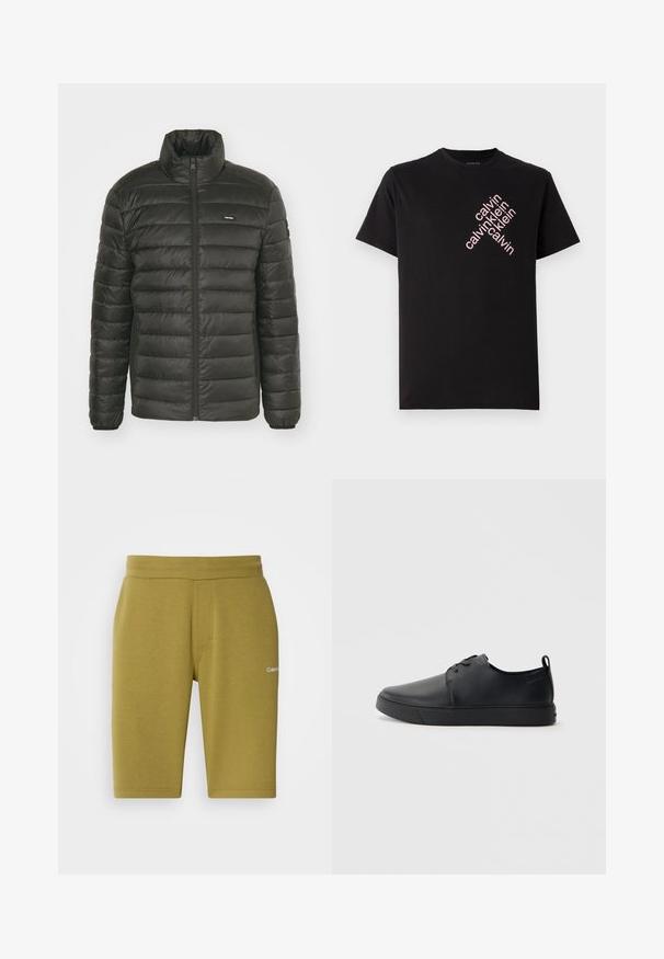 Melns pūšammētelis ar augstu apkakli, ar rāvējslēdzēju priekšpusei un šuvju paneļu dizainu. Iezīmes ietver elastīgas aproces un diskrētu logotipu krūtīs.; Melnas kokvilnas T-krekls ar diagonālu rozā "calvin klein" logotipa apdruku priekšā. Īsas piedurknes un noapaļots kakls.; Olīvu zaļas šortus, kas izgatavoti no mīksta kokvilnas sajaukuma, ar gludu tekstūru, elastīgu vidukli un diskretu logo kreisajā pusē.; Melnas ādas kedas ar gludu apdari, noapaļota purngala, tonāla šuvēm, auklu fronti un plakanu gumijas zoli. Cilpa pie papēža.