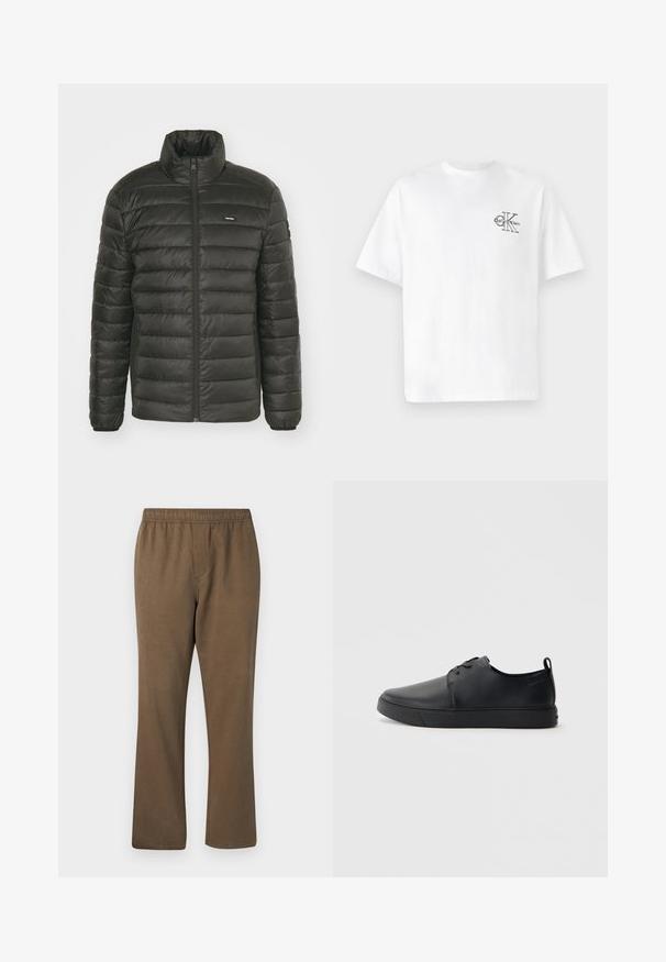 Svart pufferjakke med høy krage, glidelås foran og sydd paneldesign. Har elastiske mansjetter og en diskret logo på brystet.; Hvit bomull t-skjorte med kort erme, rund hals, med en svart CK-logo på venstre brystområde, standard passform, glatt tekstur.; Samsøe Samsøe JABARI - Bukse - canteen; Svart lær sneakers med glatt overflate, rund tå, tonede sømmer, snøring foran og flat gummisåle. Løkke på hælen.