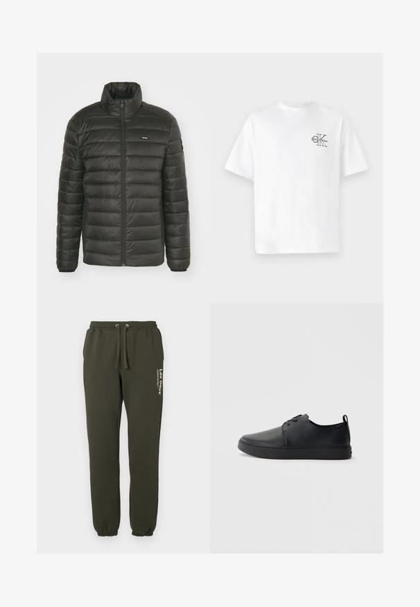 Geacă puffer neagră cu guler înalt, fermoar frontal și design cu panouri cusute. Are manșete elastice și un logo discret pe piept.; Tricou alb din bumbac, cu mâneci scurte, de tip crew neck, având un logo CK negru pe zona stânga a pieptului, croială standard, textură netedă.; Pantaloni sportivi verzi închis dintr-o țesătură din bumbac, având un talie ajustabilă cu șnur, manșete elastice și detalii cu logo pe lateral.; Sneakers din piele neagră cu un finisaj neted, vârf rotund, cusături tonale, șireturi în față și o talpă plată din cauciuc. Buclă la călcâi.