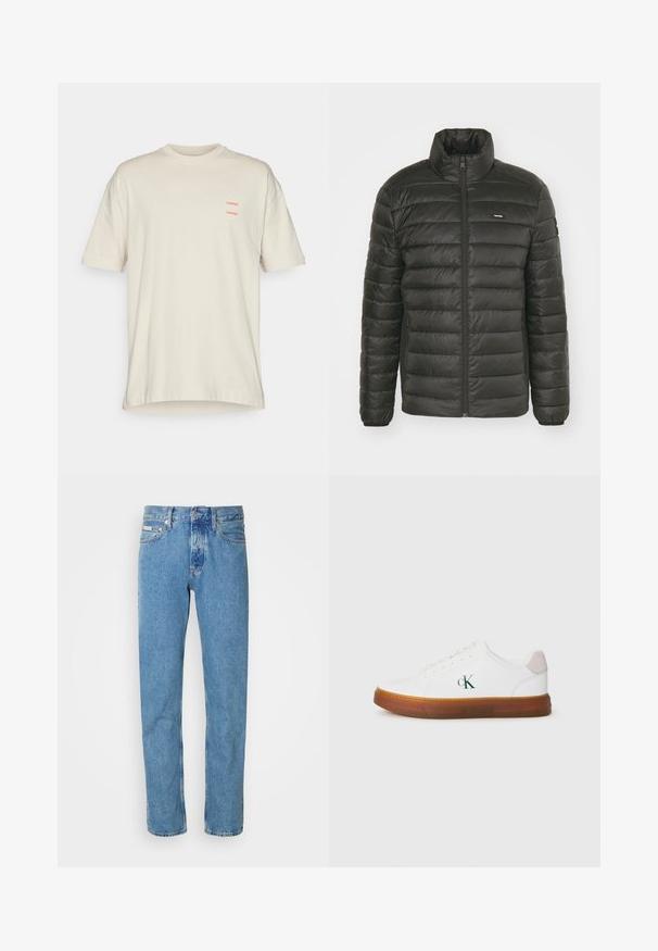 Zwarte pufferjack met een hoge kraag, een rits aan de voorkant en een gestikt paneelontwerp. Beschikt over elastische manchetten en een discreet logo op de borst.; Beige katoenen t-shirt met een relaxte pasvorm, voorzien van een ronde hals en korte mouwen. Dubbele rode "SAMSØE" tekstaccenten op de linkerborst.; Lichtblauwe spijkerbroek met een rechte pijp, voorzien van een klassieke vijf-pocketontwerp en een knoopsluiting bij de taille. Geen opvallende patronen.; Witte lage sneaker met een bruine doorzichtige zool en een groen "cK" logo op de zijkant, met veters en een suède hielpatch.