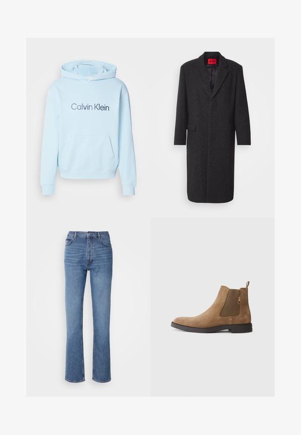 Cappotto in misto lana nero con silhouette sartoriale, revers a punta, due tasche frontali e rivestimento interno lucido. Etichetta del marchio visibile.; Felpa blu chiaro realizzata in tessuto morbido, dotata di una tasca frontale e di un logo "Calvin Klein" stampato in blu scuro.; Jeans in denim blu con vita alta, design a gamba dritta e leggera sbiaditura. Presentano il classico stile a cinque tasche e chiusura con zip.; Stivale Chelsea in suede marrone con pannelli elastici laterali e un pull tab. Presenta una punta arrotondata e una suola piatta in gomma per stabilità.