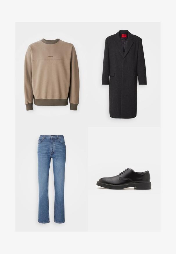 Manteau en mélange de laine noir avec une silhouette ajustée, revers crantés, deux poches avant et une doublure intérieure brillante. Étiquette de la marque visible.; Sweatshirt beige à col rond avec col, poignets et ourlet côtelés, présentant un logo "BOSS" brodé discret sur la poitrine.; Jean en denim bleu à taille haute, design à jambe droite et décoloration subtile. Présente un style classique à cinq poches et une fermeture éclair.; Chaussure noire en cuir à lacets avec un embout arrondi, texture lisse, piqures minimales et un petit talon en caoutchouc. Logo sur le talon.