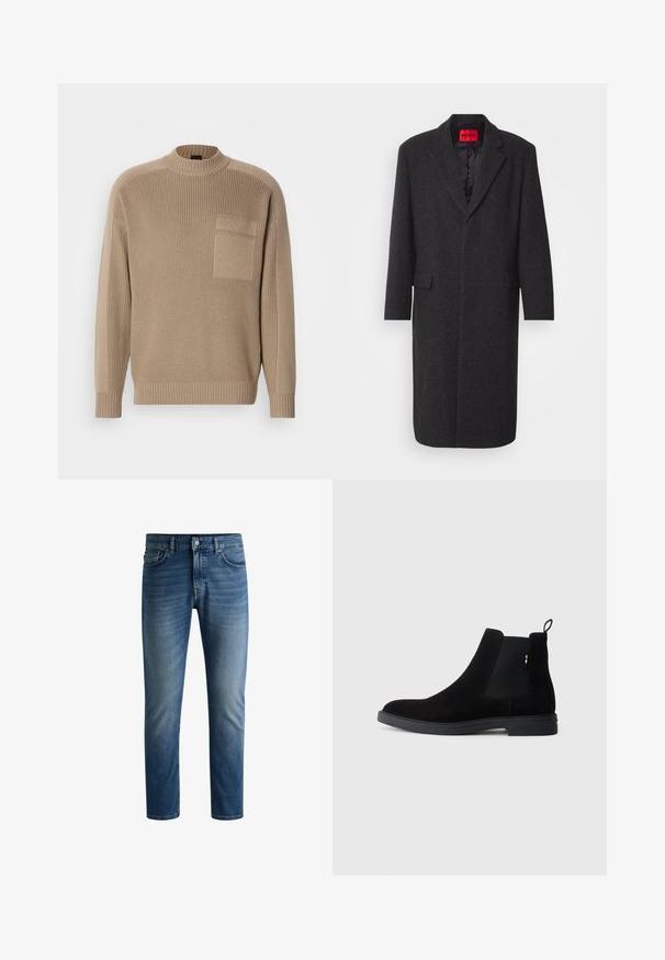 Palton din amestec de lână neagră, cu o siluetă ajustată, rever fantezist, două buzunare frontale și un căptușeală interioară lucioasă. Eticheta brandului este vizibilă.; Pulover tricotat bej cu mâneci lungi, guler și mansete ribbate, și o buzunar cu petic pe pieptul stâng.; Jeanși din denim albastru închis, cu croială dreaptă, design cu cinci buzunare, ușor decolorati pe coapse și închidere cu un singur nasture la talie.; Bocanci Chelsea din suede negru, cu panouri elastice laterale, vârful rotunjit și o talpa joasă din cauciuc. Prezintă un tab de tras pe spate pentru facilitarea încălțării.