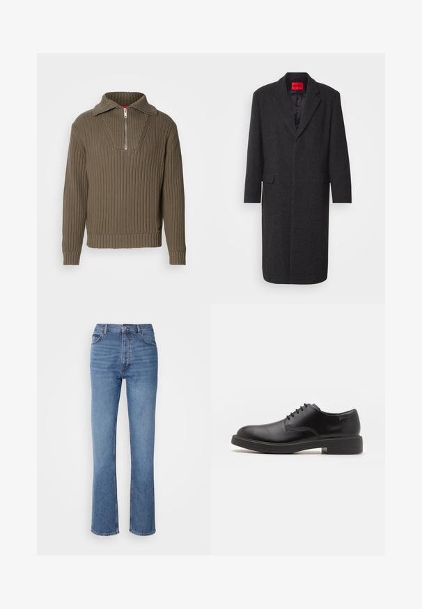 Cappotto in misto lana nero con silhouette sartoriale, revers a punta, due tasche frontali e rivestimento interno lucido. Etichetta del marchio visibile.; Pullover marrone a costine con zip a metà e un ampio colletto. Presenta un tessuto testurizzato e un orlo leggermente accorciato. Design semplice.; Jeans in denim blu con vita alta, design a gamba dritta e leggera sbiaditura. Presentano il classico stile a cinque tasche e chiusura con zip.; Scarpa nera in pelle con lacci, punta tonda, texture liscia, cuciture minime e tacco in gomma basso. Logo sul tacco.