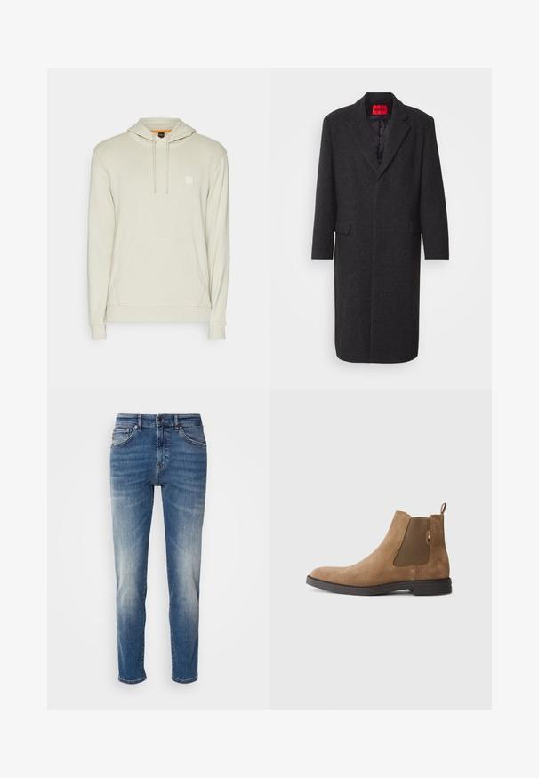 Black wool blend coat with a tailored silhouette, notched lapels, two front pockets, and a glossy interior lining. Brand label visible.; Light beige hooded sweatshirt in soft fabric, featuring a front kangaroo pocket, drawstring hood, and small logo patch on the chest.; Blue denim jeans featuring a straight leg design, light fading, classic five-pocket styling, and a zip fly with button closure.; Brown suede Chelsea boot with elastic side panels and a pull tab. Features a rounded toe and a flat rubber sole for stability.