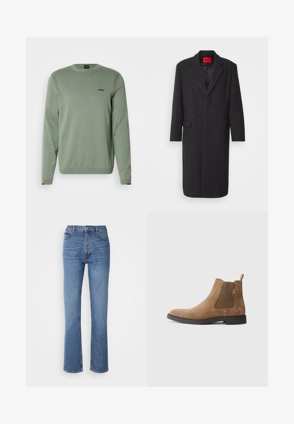 Fekete gyapjú keverék kabát, amely megfelelően szabott sziluettel, kifordított hajtókákkal, két elülső zsebbel és fényes belső béléssel rendelkezik. Márkájának címkéje látható.; Világoszöld kötött pulóver hosszú ujjal, kerek nyakkal, bordázott részletekkel és fekete "BOSS" logóval a mellkason. Simaszerkezet.; Kék farmernadrág magas derékkal, egyenes szabású dizájnnal és enyhe kopással. Jellemzője az klasszikus öt zsebes kialakítás és cipzáras zárás.; Barna velúr Chelsea csizma, elasztikus oldalsó panelek és húzófül jellemzi. Kerek orrú és sík gumi talppal rendelkezik a stabilitás érdekében.