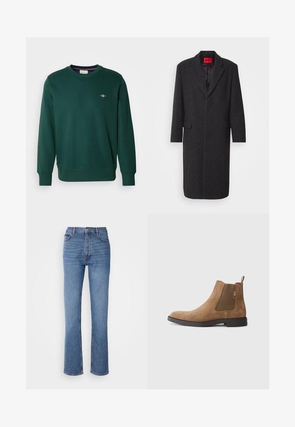 Fekete gyapjú keverék kabát, amely megfelelően szabott sziluettel, kifordított hajtókákkal, két elülső zsebbel és fényes belső béléssel rendelkezik. Márkájának címkéje látható.; Zöld pulóver, puha anyagból készült, kerek nyakkivágással és hosszú ujjakkal. Kis hímzett logo a mellkason. Rugalmas mandzsetták és alj.; Kék farmernadrág magas derékkal, egyenes szabású dizájnnal és enyhe kopással. Jellemzője az klasszikus öt zsebes kialakítás és cipzáras zárás.; Barna velúr Chelsea csizma, elasztikus oldalsó panelek és húzófül jellemzi. Kerek orrú és sík gumi talppal rendelkezik a stabilitás érdekében.