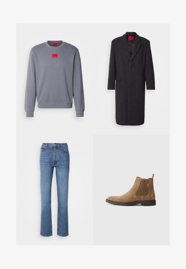 Black wool blend coat with a tailored silhouette, notched lapels, two front pockets, and a glossy interior lining. Brand label visible.; Gray sweatshirt made of soft fabric with a crew neckline, featuring a red rectangular patch with "HUGO" logo on the chest. Ribbed cuffs and hem.; Blue denim jeans with a high waist, straight-leg design, and subtle fading. Features classic five-pocket styling and a zip fly closure.; Brown suede Chelsea boot with elastic side panels and a pull tab. Features a rounded toe and a flat rubber sole for stability.