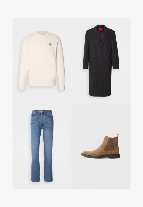 Abrigo de mezcla de lana negra con una silueta ajustada, solapas de muesca, dos bolsillos frontales y un forro interior brillante. Etiqueta de la marca visible.; Sudadera color crema hecha de tela suave, con cuello redondo, puños acanalados, dobladillo recto y un pequeño emblema azul en el pecho.; Jeans de mezclilla azul con cintura alta, diseño de pierna recta y un ligero desgaste. Presentan un estilo clásico de cinco bolsillos y un cierre de cremallera.; Botín Chelsea de ante marrón con paneles elásticos en los laterales y una pestaña para facilitar el calzado. Presenta una punta redonda y una suela de goma plana para mayor estabilidad.