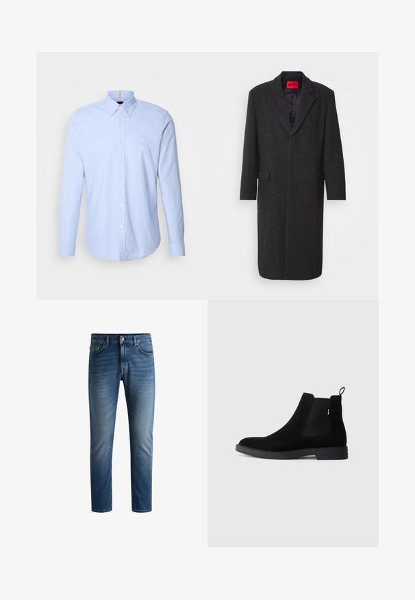 Cappotto in misto lana nero con silhouette sartoriale, revers a punta, due tasche frontali e rivestimento interno lucido. Etichetta del marchio visibile.; Camicia a maniche lunghe azzurro chiaro con bottoni in cotone, caratterizzata da un colletto a punta, ricamo del logo discreto e dettagli classici con bottoni.; Jeans in denim blu scuro con taglio dritto, design a cinque tasche, leggera scoloritura sulle cosce e chiusura a bottone unico in vita.; Stivali Chelsea neri in suede con pannelli elasticizzati ai lati, punta rotonda e suola in gomma bassa. Presentano una linguetta sul retro per facilitarne l'indosso.