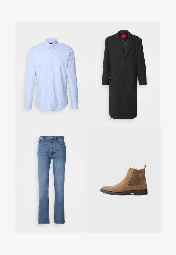 Fekete gyapjú keverék kabát, amely megfelelően szabott sziluettel, kifordított hajtókákkal, két elülső zsebbel és fényes belső béléssel rendelkezik. Márkájának címkéje látható.; Világoskék, hosszú ujjú, gombos ing pamutból, hegyes gallérral, diszkrét logóhímzéssel és klasszikus gombdíszítéssel.; Kék farmernadrág magas derékkal, egyenes szabású dizájnnal és enyhe kopással. Jellemzője az klasszikus öt zsebes kialakítás és cipzáras zárás.; Barna velúr Chelsea csizma, elasztikus oldalsó panelek és húzófül jellemzi. Kerek orrú és sík gumi talppal rendelkezik a stabilitás érdekében.
