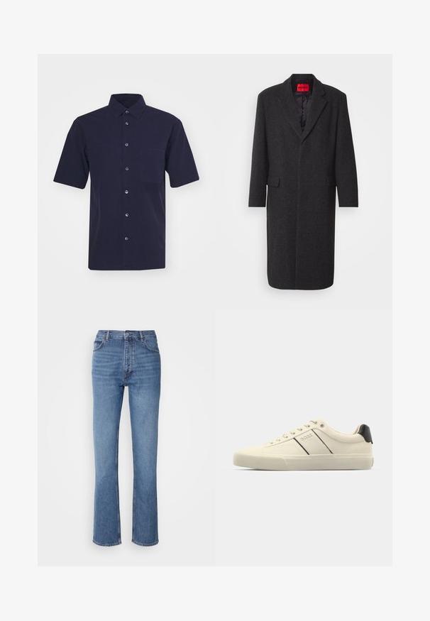 Manteau en mélange de laine noir avec une silhouette ajustée, revers crantés, deux poches avant et une doublure intérieure brillante. Étiquette de la marque visible.; Chemise à manches courtes de couleur bleu marine foncé, fabriquée dans un tissu à la texture lisse. Dispose d'un col classique, d'une fermeture à boutons et d'une poche sur la poitrine.; Jean en denim bleu à taille haute, design à jambe droite et décoloration subtile. Présente un style classique à cinq poches et une fermeture éclair.; Baskets de couleur crème avec une texture lisse, dotées d'accents et de marquage noirs. Design classique à lacets avec un bout rond et une semelle en caoutchouc.
