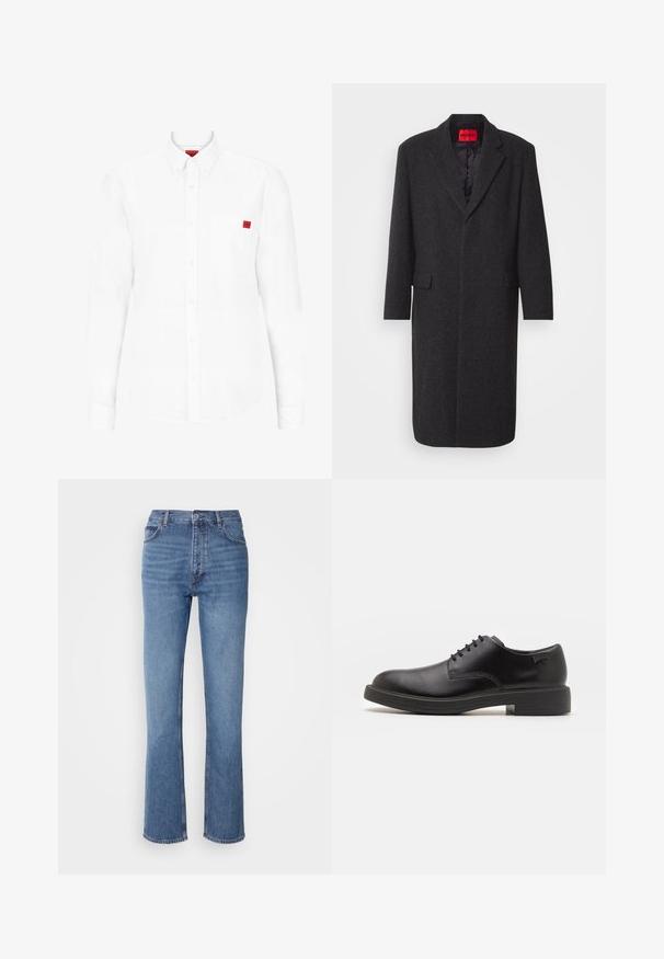 Mustvalge villane kombineeritud mantel, millel on kohandatud siluett, sälguõlad, kaks esistikku ja läikiv sisevooder. Brändi silt on nähtav.; Pikkade varrukatega valge särk, mis on valmistatud puuvillast, varustatud nööpidega kaelusega, eesmine tasku ja väike punane logo plaastriga rinnal.; Sinised denim teksad kõrge vöökoha, sirge jala disaini ja kerge pleekimisega. Omavad klassikalist viit taskut ja tõmbluku sulgemist.; Must beemel levalis kingad ümarate varvastega, sileda pinnaga, minimaalsete õmblustega ja madala kummist kontsaga. Logo kontsa peal.