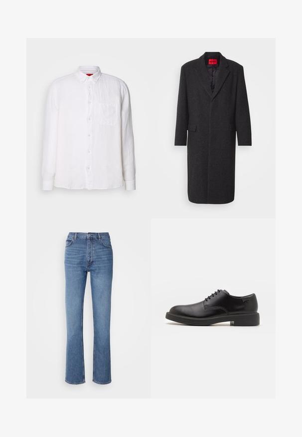 Black wool blend coat with a tailored silhouette, notched lapels, two front pockets, and a glossy interior lining. Brand label visible.; White button-up shirt with long sleeves, a chest pocket, and a collared neck. Material appears lightweight with a slightly textured finish.; Blue denim jeans with a high waist, straight-leg design, and subtle fading. Features classic five-pocket styling and a zip fly closure.; Black leather lace-up shoe with a rounded toe, smooth texture, minimal stitching, and a low rubber heel. Logo on the heel.