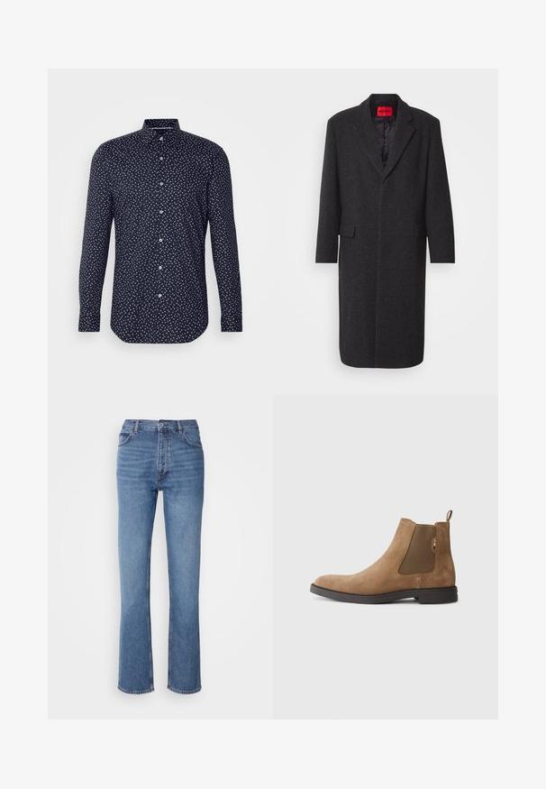 Mustvalge villane kombineeritud mantel, millel on kohandatud siluett, sälguõlad, kaks esistikku ja läikiv sisevooder. Brändi silt on nähtav.; Tumesinine särk, millel on nööbid allapoole, ja hajus valgete täppide muster. Pikkade varrukatega, millel on nööpkinnitus ja kaardus hem.; Sinised denim teksad kõrge vöökoha, sirge jala disaini ja kerge pleekimisega. Omavad klassikalist viit taskut ja tõmbluku sulgemist.; Pruunist nubukist Chelsea saabas, millel on elastsed küljepaneelid ja tõmblõng. Omab ümarat varbaosa ja tasast kummist tallat, et tagada stabiilsus.