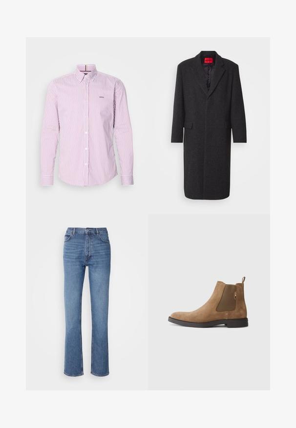 Μαύρο παλτό από μείγμα μαλλιού με κομψό σχήμα, όχι καπάκια, δύο μπροστινές τσέπες και γυαλιστερή εσωτερική επένδυση. Ορατή ετικέτα μάρκας.; Ριγέ πουκάμισο μακρυμάνικο σε ανοιχτό ροζ και λευκό, με κολάρο που κλείνει με κουμπιά και μικρό λογότυπο. Διαθέτει κλασική γραμμή και υφασμάτινη υφή από βαμβάκι.; Μπλε τζιν παντελόνι με ψηλή μέση, ίσια γραμμή και διακριτική φθορά. Διαθέτει κλασικό στυλ πέντε τσέπες και κλείσιμο με φερμουάρ.; Καφέ σουέτ μπότες Chelsea με ελαστικές πλευρικές στρώσεις και θηλιά. Διαθέτουν στρογγυλή μύτη και επίπεδη καουτσούκ σόλα για σταθερότητα.