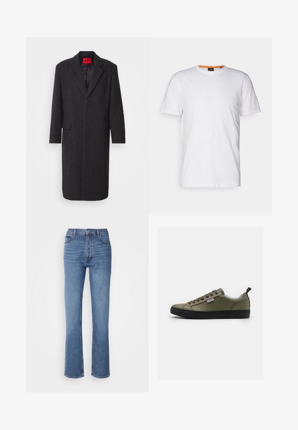 Čierny kabát z vlnenej zmesi s upraveným strihom, s klopovým golierom, dvoma prednými vreckami a lesklou podšívkou. Viditeľná značka.; Biely bavlnený tričko s okrúhlym výstrihom, krátkymi rukávmi a jemne embosovaným logom na hrudi. Vnútorná etiketa má oranžový akcent.; Modré denimové džínsy s vysokým pásom, rovnými nohavicami a jemným vyblednutím. Majú klasický strih s piatimi vreckami a zapínanie na zips.; Zelené kožené tenisky s čiernou gumovou podrážkou, okrúhlou špičkou, šnurovaním vpredu a malou logom značky na boku. Textúrovaný zvršok a hladká podšívka.