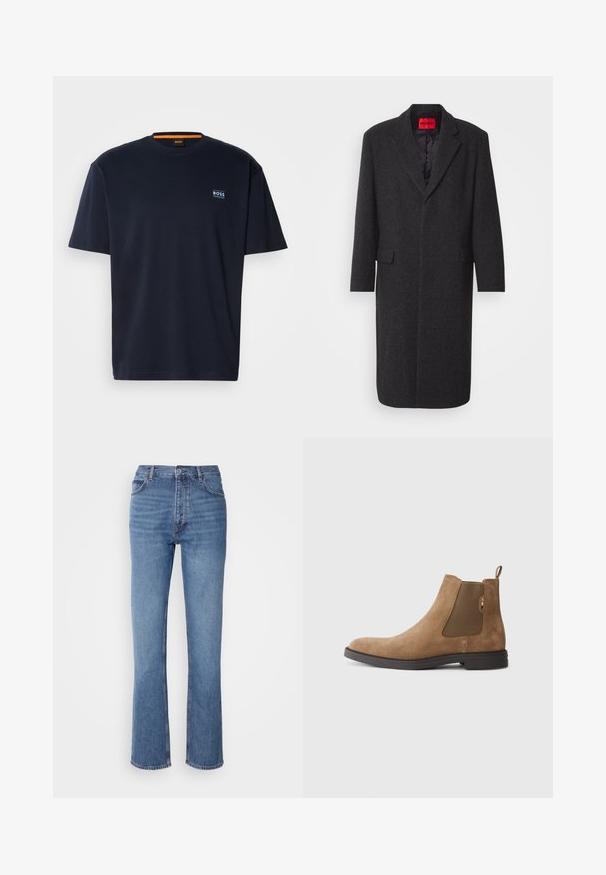 Juodas vilnos mišinio paltas su pritaikytu siluetu, išpjautomis apykaklėmis, dviem priekinėmis kišenėmis ir blizgiu interjero pamušalu. Matoma prekės ženklo etiketė.; Tamsiai mėlynas medvilninis marškinėliai su apvalia kaklo išpjova. Ant krūtinės yra mažas logotipas ir kontrastinga oranžinė detalė kaklo linijoje. Trumpomis rankovėmis.; Mėlyni džinsai su aukštu liemeniu, tiesaus kirpimo dizainu ir subtiliu išblukimu. Turi klasikinį penkių kišenių stilių ir užtrauktuko uždarymą.; Rudos zomšos Chelsea batojai su elastinėmis šoninėmis juostelėmis ir vilkimo kilpomis. Savybės: apvalus pirštas ir plokščias guminis padas stabilumui.