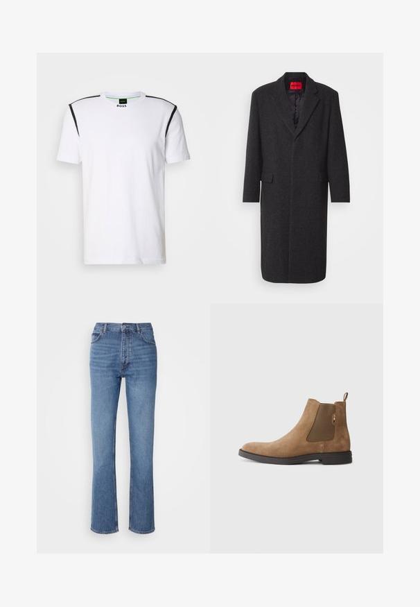 Melnas vilnas maisījuma mēteles ar pielāgotu siluetu, izgrieztiem uzlāgiem, divām priekšējām kabatām un spīdīgu iekšējo oderi. Redzama zīmola etiķete.; Balts īsās piedurknes T-krekls, izgatavots no kokvilnas, ar melniem akcentiem uz pleciem un apaļu apkakli ar zaļu iekšējo uzlīmi.; Zilā denima bikses ar augstu jostasvietu, taisnas kājas dizainu un vieglu nolietojumu. Satur klasisku piecu kabatu stilu un ar rāvējslēdzēju aizdari.; Brūni zamšaini Čelsijas zābaki ar elastīgām sānu paneļiem un vilkšanas cilpu. Iespējas ietver noapaļotu purngalu un plakanu gumijas zoli stabilitātei.