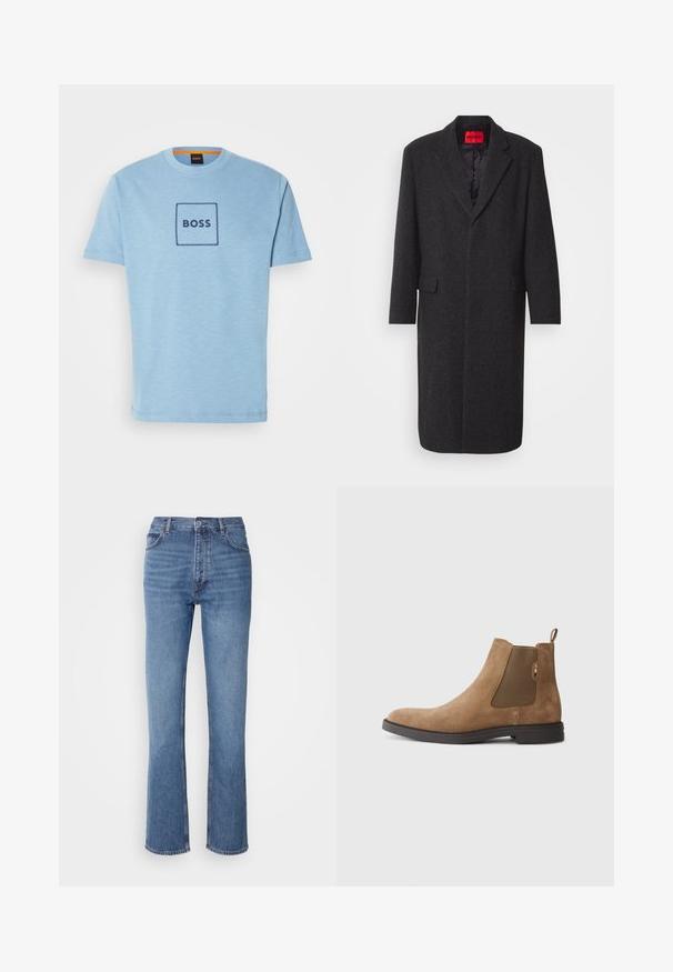 Černý kabát z vlněné směsi s upraveným střihem, klopovými límci, dvěma předními kapsami a lesklou vnitřní podšívkou. Viditelný brand label.; Světle modré bavlněné tričko s kulatým výstřihem, se znakem v námořnické modři vyšitým ve středu a krátkými rukávy.; Modré denimové džíny s vysokým pasem, rovnými nohavicemi a jemným vyblednutím. Mají klasický pětikusový styl a zapínání na zip.; Hnědé semišové Chelsea boty s elastickými postranními panely a poutkem na patě. Mají zaoblenou špičku a plochou gumovou podrážku pro stabilitu.