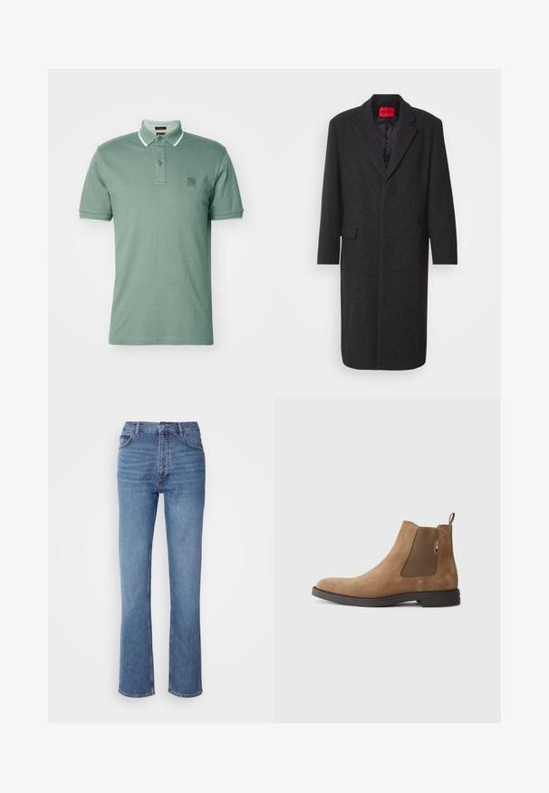 Čierny kabát z vlnenej zmesi s upraveným strihom, s klopovým golierom, dvoma prednými vreckami a lesklou podšívkou. Viditeľná značka.; BOSS PASSERTIP - Polokošeľa - open green; Modré denimové džínsy s vysokým pásom, rovnými nohavicami a jemným vyblednutím. Majú klasický strih s piatimi vreckami a zapínanie na zips.; Hnedé semišové Chelsea topánky s elastickými bočnými panelmi a pútkom. Majú zaoblenú špicu a plochú gumovú podrážku pre stabilitu.