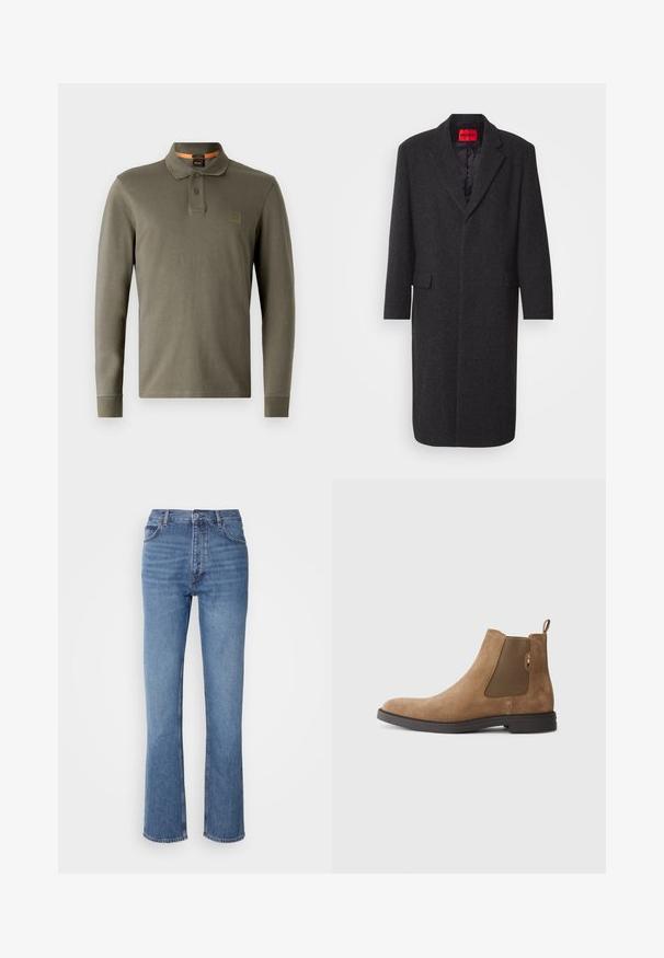 Čierny kabát z vlnenej zmesi s upraveným strihom, s klopovým golierom, dvoma prednými vreckami a lesklou podšívkou. Viditeľná značka.; Dlhý zelený olivový polo tričko vyrobené z jemnej bavlny, s klasickým golierom, dvojcestným zapínaním a embosovanou nášivkou loga.; Modré denimové džínsy s vysokým pásom, rovnými nohavicami a jemným vyblednutím. Majú klasický strih s piatimi vreckami a zapínanie na zips.; Hnedé semišové Chelsea topánky s elastickými bočnými panelmi a pútkom. Majú zaoblenú špicu a plochú gumovú podrážku pre stabilitu.