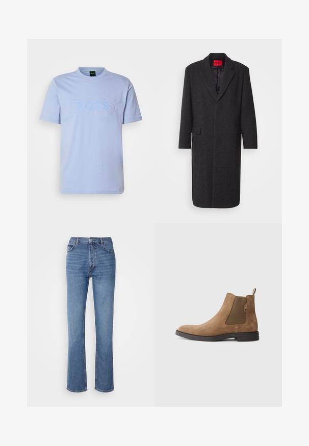 Černý kabát z vlněné směsi s upraveným střihem, klopovými límci, dvěma předními kapsami a lesklou vnitřní podšívkou. Viditelný brand label.; Světle modré tričko s krátkými rukávy vyrobené z bavlny, se strukturovaným, vyraženým logem "BOSS" ve světlejším odstínu modré. Kulatý výstřih.; Modré denimové džíny s vysokým pasem, rovnými nohavicemi a jemným vyblednutím. Mají klasický pětikusový styl a zapínání na zip.; Hnědé semišové Chelsea boty s elastickými postranními panely a poutkem na patě. Mají zaoblenou špičku a plochou gumovou podrážku pro stabilitu.