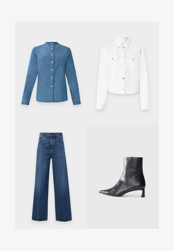 Veste en denim blanche avec un col, manches longues, deux poches poitrine et boutons argentés, présentant une coupe ajustée et une texture lisse.; Chemise en denim bleu à manches longues avec un col mandarin et des boutons blancs sur le devant.; Jean bleu à jambes larges en denim avec taille haute, poches avant et couture contrastante. Le tissu a une texture lisse.; Bottine en cuir noir avec un bout pointu et un design épuré. Présente un petit talon et une fermeture éclair à l'arrière. Texture lisse.