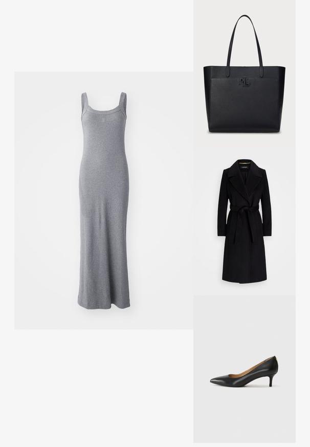 Crni vuneni kaput s prorezaima na reverima, dugim rukavima, pojasom u struku i ravnim siluetom. Glatka tekstura bez uzoraka.; Siva haljina bez rukava maxi dužine od mekanog, rastezljivog materijala. Ima okrugli izrez i prilagođeni kroj koji seže do gležnjeva.; Crne kožne cipele s uskim vrhom, niskom petom i glatkom teksturom. Imaju blago otvaranje sprijeda i minimalne metalne detalje straga.; Crna kožna torba za rame s teksturiranom površinom, dvostrukim ručkama i utisnutim "RL" logotipom na prednjoj strani. Pravokutnog oblika, minimalističkog dizajna.