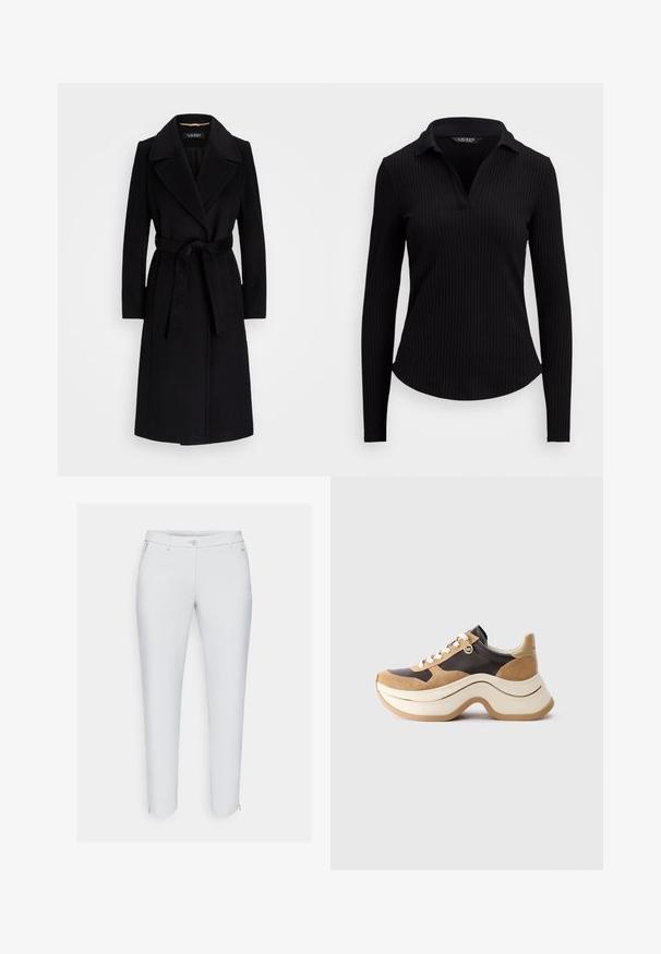 Črna volnena plašča z izrezanimi reverji, dolgimi rokavi, pasom z bretele in ravno silhueto. Gladka tekstura brez vzorcev.; Črna rebrasta dolgosleeve polo majica z V-izrezom. Ima prilegajočo se zasnovo in teksturirano tkanino. Gladek zaključek brez okrasnih elementov.; Bele hlače iz gladkega materiala, z zadrgo, gumbom za zapiranje, stranskimi žepi in diskretnimi šivi.; Teniske z debelim podplatom v bež in temno rjavi barvi s sue šnitami, belimi vezalkami in majhnim zlatim MK obeskom na strani.