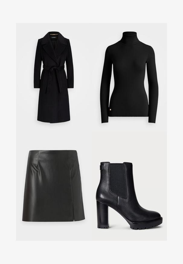 Palton negru din lână, cu rever ascuțit, mâneci lungi, talie cu curea și siluetă dreaptă. Textură netedă, fără modele.; Pulover negru cu guler înalt, din material ribat, cu mâneci lungi și un design ajustat, având un mic logo auriu accent la tiv. Material moale, texturat.; Fustă mini din piele neagră, cu un croi drept, textură netedă și închidere cu fermoar pe o Parte, având un detaliu cu despicătură pe o parte.; Cizmă de gleznă din piele neagră, cu panouri elastice laterale, finisaj texturat, toc gros și înalt, și talpă din cauciuc rugged.